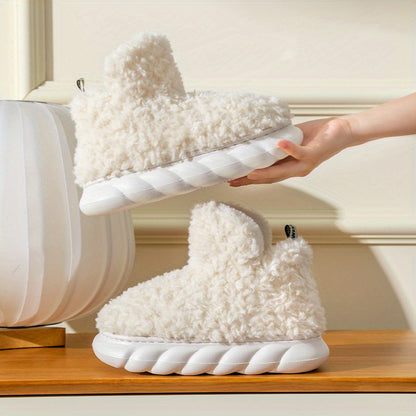 Women's Solid Color Fuzzy Slippers, High-top Round Toe Non-slip Thick Bottom Fluffy Warm Shoes, Winter Cozy Indoor Shoes