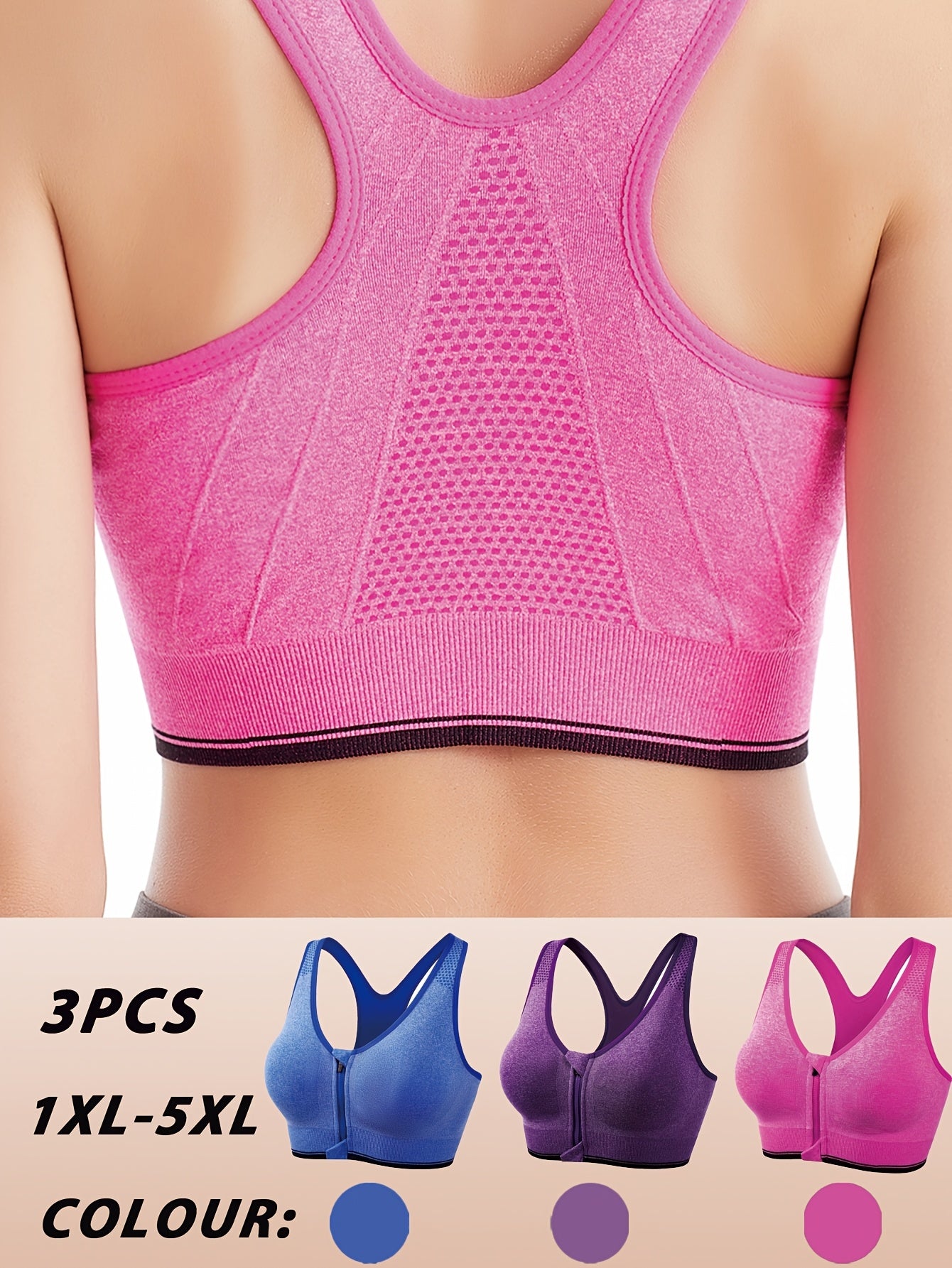 3pcs Plus Size Front Zipper Bras - No Underwire & Removable Pads, Breathable Mesh Running Bras for Women, 1XL-5XL (Navy/Black/Purple), Casual swear, Sleek y Look, Comfortable Fit