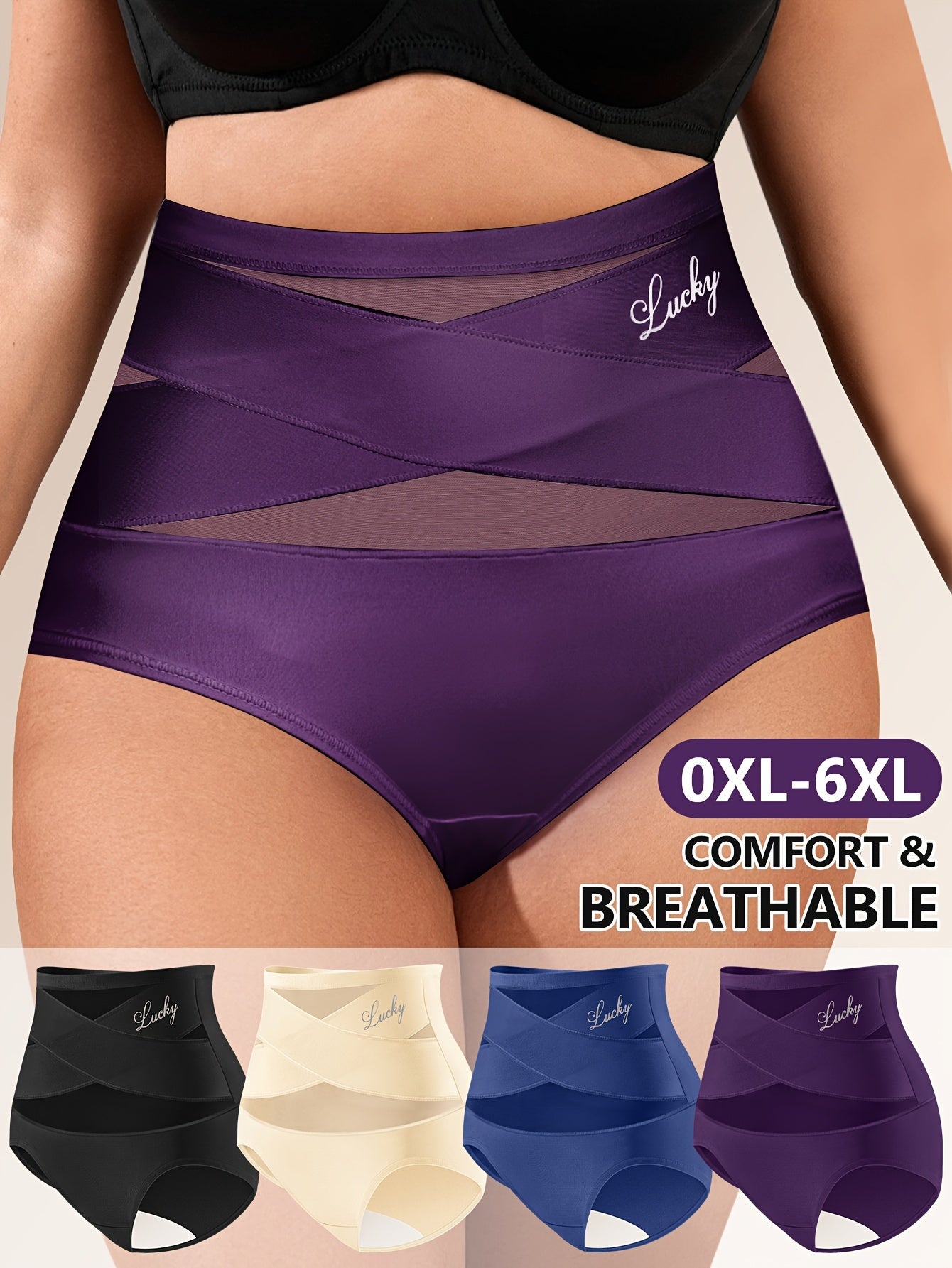 Conjunto de 4 cuecas modeladoras plus size de cintura subida com controlo abdominal, em malha respirável, sem costuras e com detalhe cruzado.