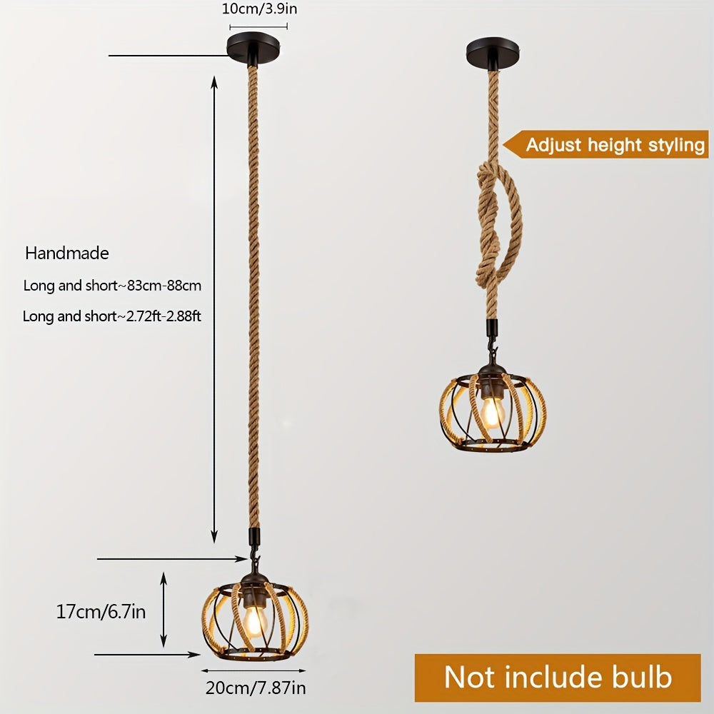 1pc Hemp Rope Chandelier, Industrial Black Metal Cage Shade Hemp Rope Hanging Lamp, Adjustable E26 Chandelier Lighting Kit For Cafe Kitchen Living Room Warehouse Bar (Not Include Bulb)
