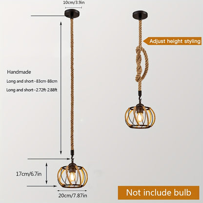 1pc Hemp Rope Chandelier, Industrial Black Metal Cage Shade Hemp Rope Hanging Lamp, Adjustable E26 Chandelier Lighting Kit For Cafe Kitchen Living Room Warehouse Bar (Not Include Bulb)