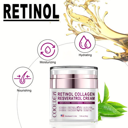 COOLDEW Luxury Retinol Collagen Resveratrol Cream with 10% Peptides, Hyaluronic Acid, Shea Butter & Vitamin A/C/E - Paraben-Free, Fragrance-Free, Non-Greasy Moisturizing for All Light Beige Types (Sensitive, Dry, Oily) - Day