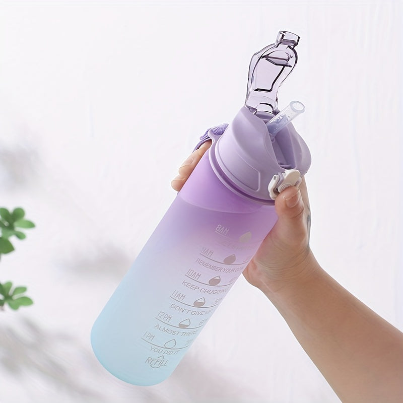 750ml Motivational Gradient Water Bottle With Time Marker And Straw - Leakproof Sports Water Cup For Outdoor Activities, Running, Fitness, Hiking, And Camping - BPA-Free Plastic, 32 Oz.