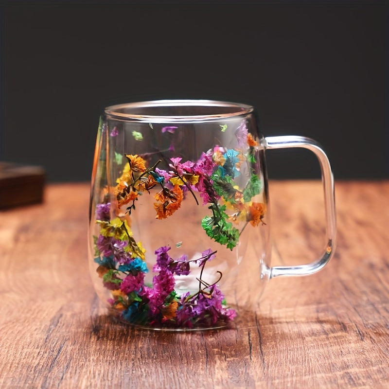 1pc, Flowers Inside Glass Coffee Mug, High Borosilicate Glass Double-Walled Espresso Coffee Cups, Heat Insulated Water Cups, Summer Winter Drinkware, Birthday Gifts