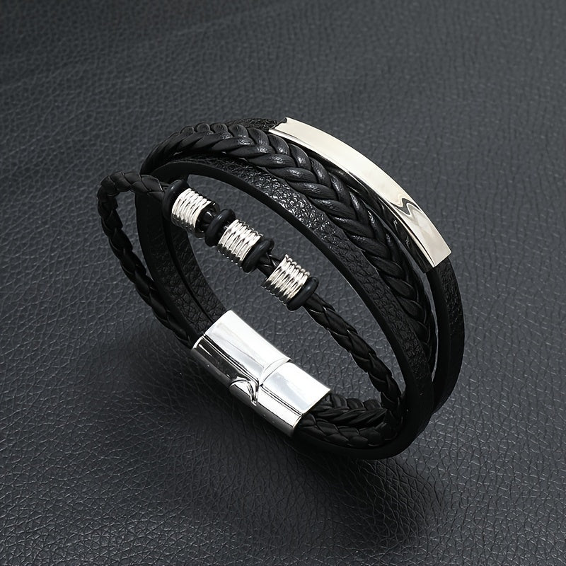 Nova pulseira masculina vintage, feita à mão, com várias camadas de contas, fecho magnético e revestimento em PU.