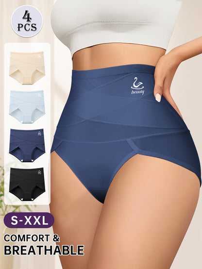 4pcs QUASTI High Support Women'S Adjustable Briefs - Tummy Tucking & Hip Lifting, Breathable & Comfortable, Cross Waistband Design with Swan Logo, S-XXL, Daily Wear Trousers, Comfortable Underwear | Stylish Undergarment | Com