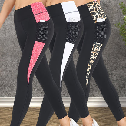 3-Pack Women's Yoga Pants Non-See-Through High-Waisted Workout Leggings - Sweat Absorbent Quick-Dry Yoga Pants with Side Pocket, Stretchy Gym Running Pilates Pants for Women (Black/Gray/Pink Accents - Affordable 3-Pack Deal),