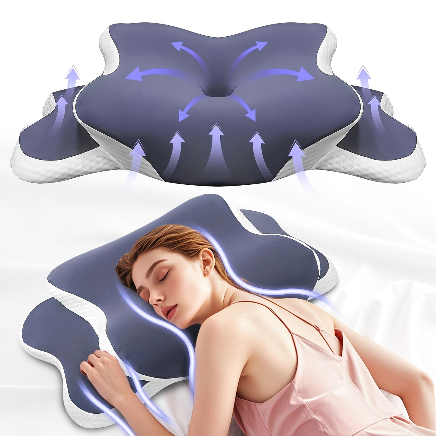 Almofada ergonómica em forma de borboleta em roxo - Tecido de malha respirável, ideal para quem dorme de lado, de costas e de barriga para baixo, oferece suporte para o pescoço e é o presente perfeito para pessoas de meia-idade.