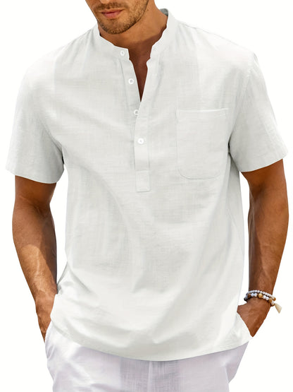 Men's Shirt Top, Solid Band Collar Short Sleeve Closure Summer Male Casual Henley Shirt For Daily Business Formal Shirts For Men