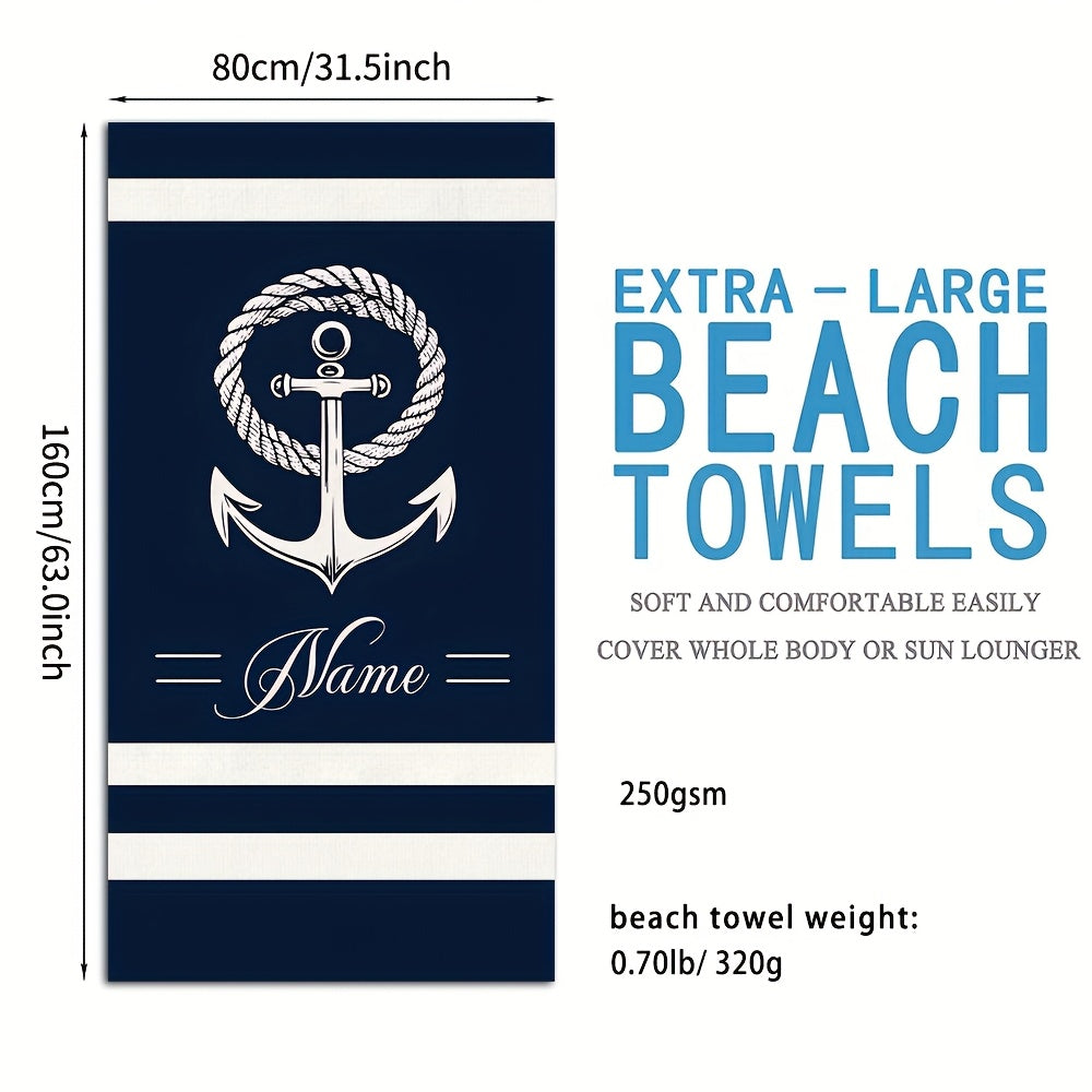 1pc Customizable Nautical Anchor Stripe Microfiber Beach Towel, Quick-Dry Soft Absorbent Knit Fabric, Machine Washable, Coastal Theme for Surfing Swimming Camping, 250gsm Polyester, Beach Essentials|Nautical Design|Quickdry M