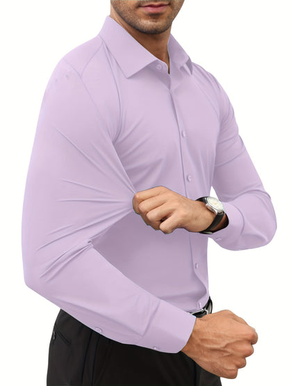 Men'S Slim Fit Long Sleeve Shirt - 55% Cotton, 40% Polyester, 5% Spandex, Solid Color, All-Season, Woven Fabric, Button-Up, Lapel Collar, Casual Weekend Wear, 125g/m²