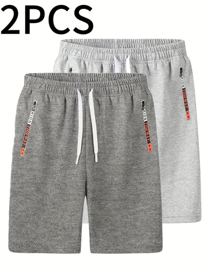 2pcs Men's Casual Outdoor Shorts - Summer Men's Casual Shorts with Zipper Pockets, Minimalist Multi-Pocket Design for Daily Wear, Running, Fitness & Travel, 100% Polyester Knit Fabric, Drawstring Waistband, Machine Washable,