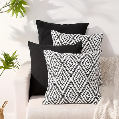 4pcs Bohemian Geometric Print Square Throw Pillows - Black & White Modern Boho Decor with Zipper Closure, Machine Washable Cushions for Sofa, Bed, Living Room, Kitchen - 14x14, 16x16, 18x18, 50.8x50.8 cm - Single-Sided Decora