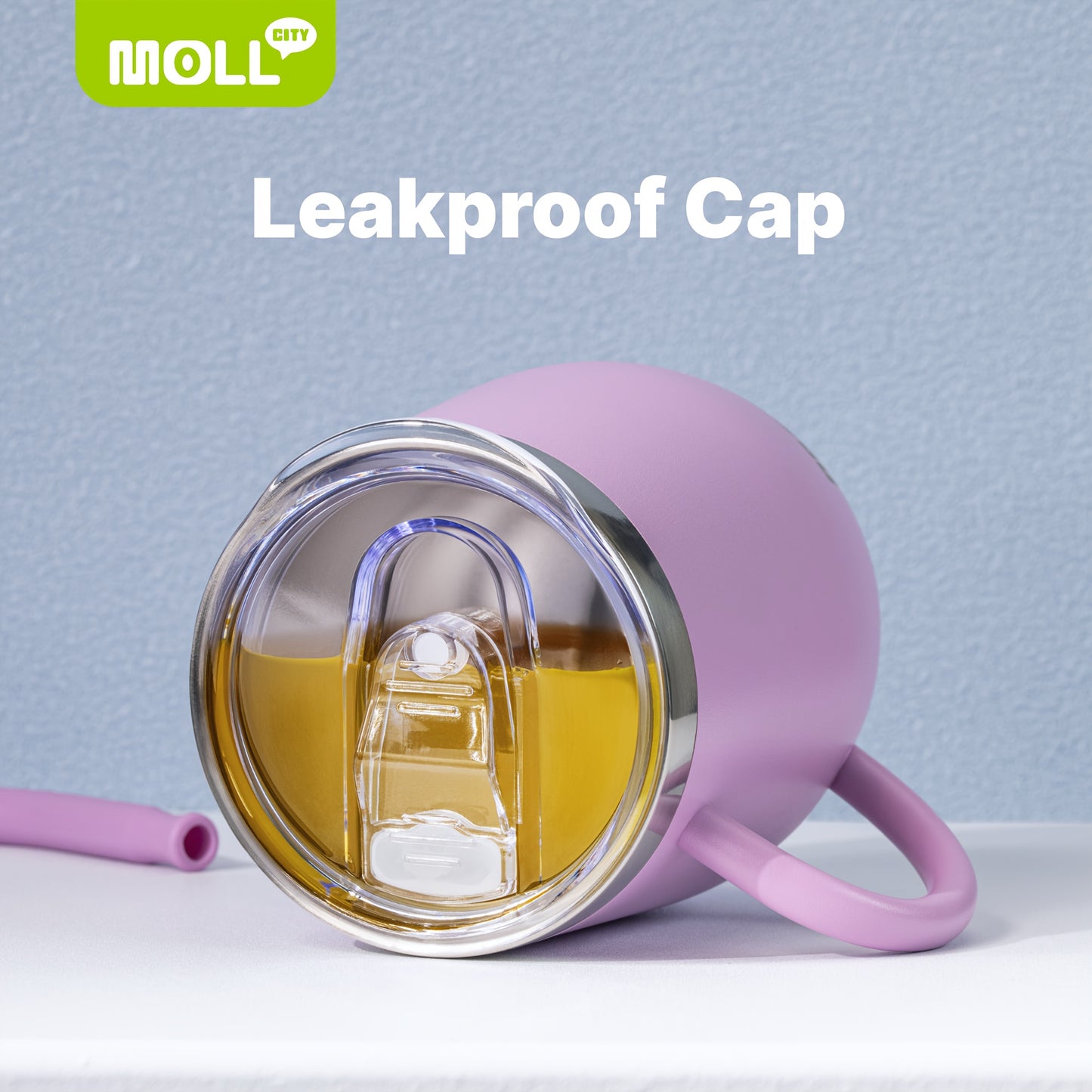 Mollcity 12oz Stainless Steel Tumbler with Straw & Spill-Proof Lid - Double-Wall Vacuum Insulated Cup, Pastel Pink ( purple), Leakproof Travel Mug, BPA-Free, Non-Slip Base & Ergonomic Handle for Women, Office, Gym, Outdoor -