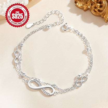 Double-Layered Infinity Synthetic Zirconia Cross Bead Bracelet, 925 Silver, Symbolizing Eternal Love, Perfect for Daily Wear and Christmas/Valentine's Day Gift for Mother Girlfriend, Hypoallergenic, Holiday Present, Daily Jew