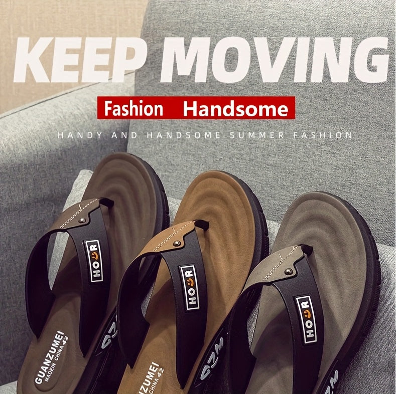 Chinelo de dedo casual de verão para homem - Resistente a odores, antiderrapante, durável, com sola macia e tira ajustável, design castanho e preto para uso diário e ao ar livre, calçado de praia | Chinelo de dedo elegante | Sola em PVC durável, sandália