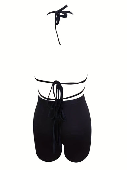 Sexy Solid Two-piece Set, Halter Neck Crop Top & Elastic Waist Shorts Outfits, Women's Clothing