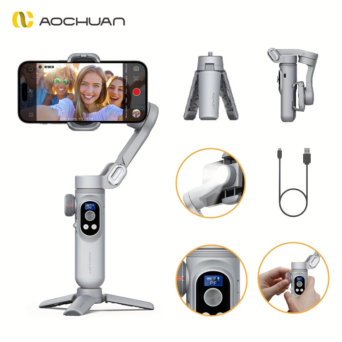AOCHUAN Xpro Gimbal Stabilizer Dimensional Stability Anti-shake Can Be Handheld Desktop Tripod Reverse Charging Photography Mode with Fill Light LED Display Remote Control Face Follow Body Follow Gesture Control Self-timer VL