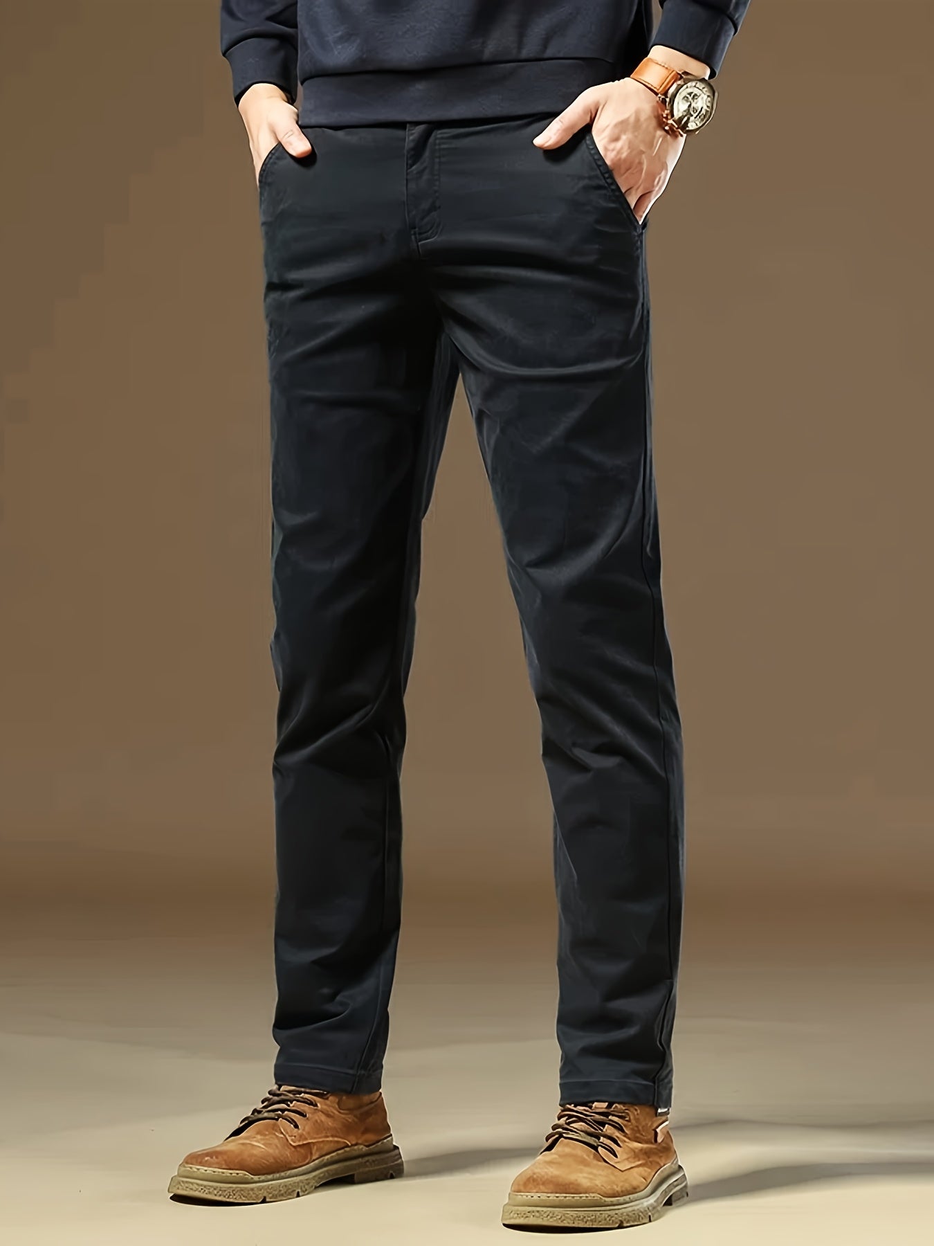 Men's Solid Navy Blue Straight-Leg Dress Pants - All-Season Full-Length Formal & Business Casual Trousers with Zipper Closure, Machine Washable, Durable Comfort Fit for Office, Semi-Formal & Casual Attire - Versatile Solid Co