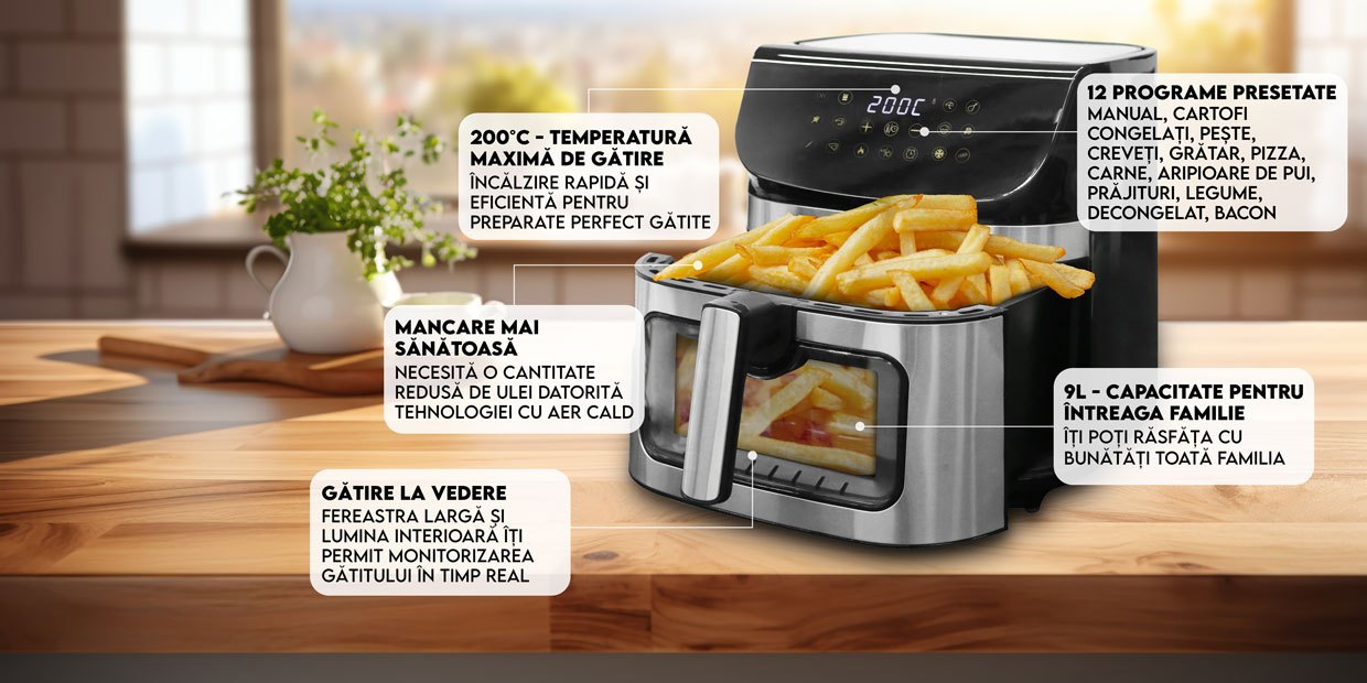 Air Fryer, Oil-Free, iHunt Bro Air Fryer Ultra, 9-Liter Capacity, Transparent Glass Drawer, Digital Display, 12 Cooking Functions, Adjustable Temperature, Defrost & Timer, Shake Reminder, 1800W, Black