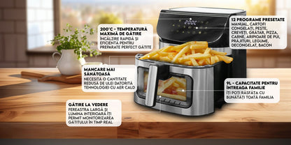 Air Fryer, Oil-Free, iHunt Bro Air Fryer Ultra, 9-Liter Capacity, Transparent Glass Drawer, Digital Display, 12 Cooking Functions, Adjustable Temperature, Defrost & Timer, Shake Reminder, 1800W, Black