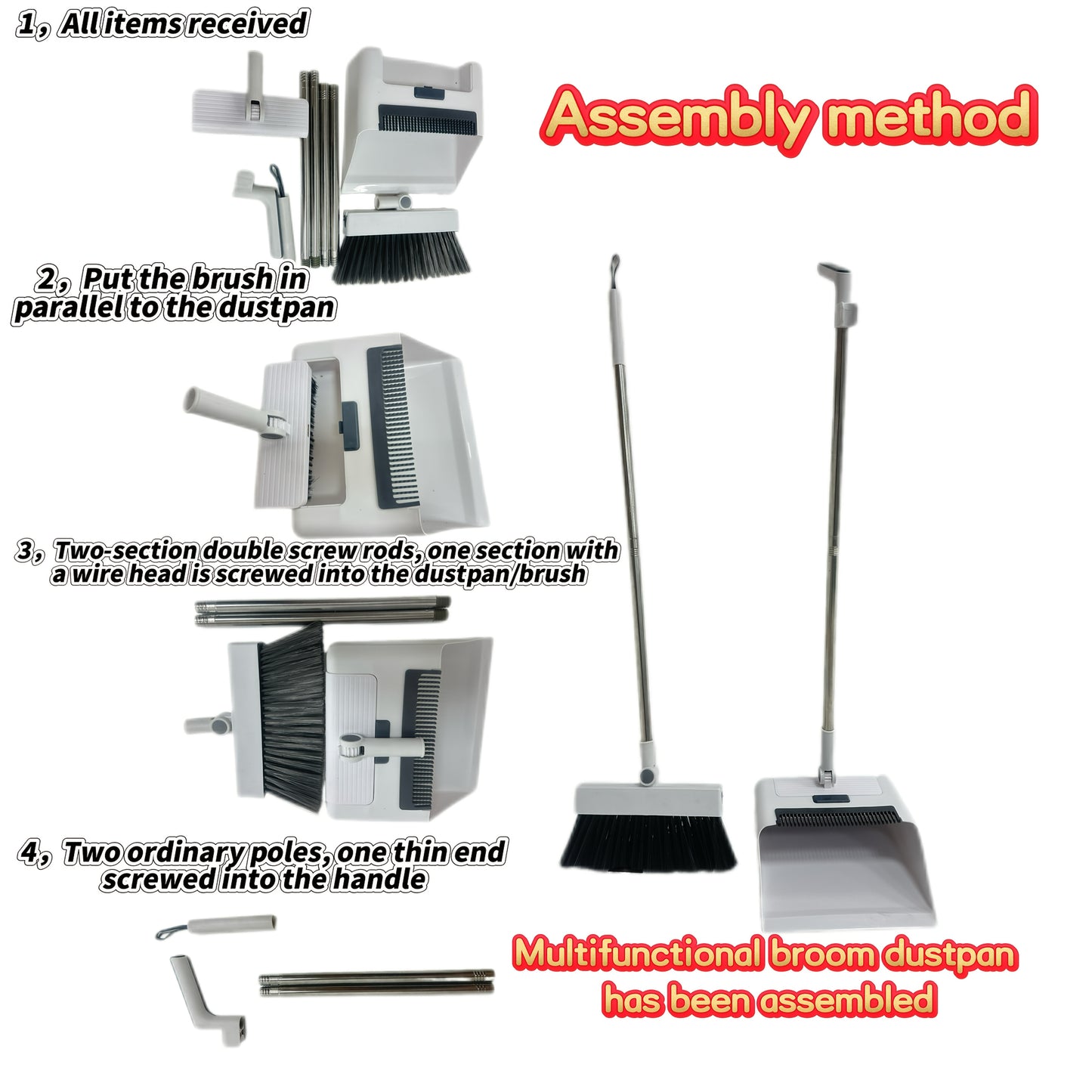 Conjunto de Vassoura e Pá de Lixo Dobráveis ​​4 em 1 - Plástico Durável, Design Fácil de Guardar para Limpeza Doméstica - Ideal para Cozinha, Casa de Banho e Pavimentos de Quartos - Inclui Rodo de Água, Não Necessita de Vassoura.