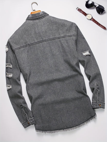 Men's Trendy Ripped Design Casual Button Up Long Sleeve Denim Shirt, Men's Clothes For Spring Summer Autumn, Tops For Men