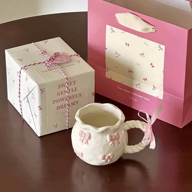 1pc Handmade Irregular Bow Ceramic Mug, 340ml, Geometric Pattern, Microwave Safe, Machine Washable, Reusable, Perfect for Home Kitchen, Dorm Breakfasts, Birthday, Christmas, Thanksgiving, Valentine's Day, Mother's Day, Gradua