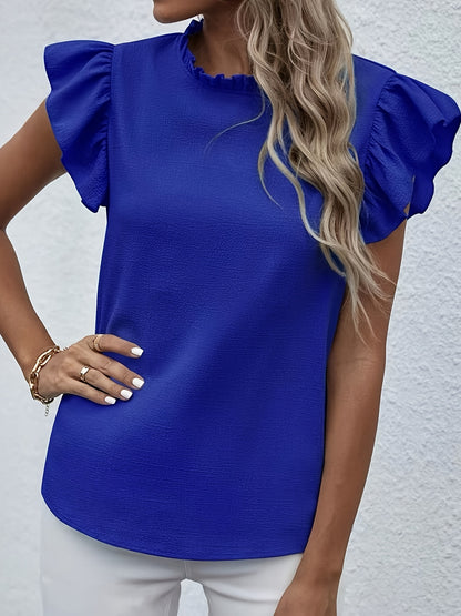 Ruffle Trim Round Neck Blouse, Casual Flutter Sleeve Blouse For Spring & Summer, Women's Clothing Wedding holiday vacation
