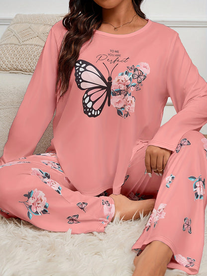 Adult Butterfly Print Pajama Set - Casual Spring/Fall Polyester Knit Fabric, Elasticity, Long Sleeve Pants, Home Pajama Set for Adults