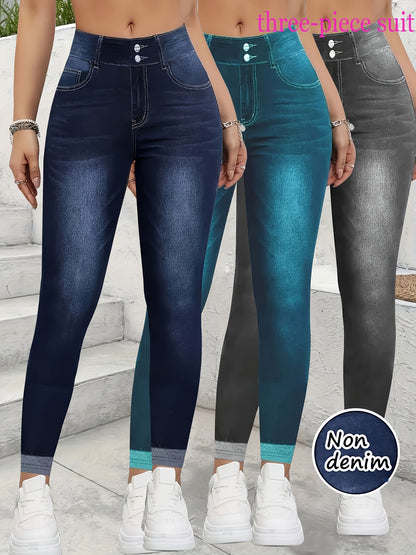 [Denim Print/Imitation Denim] 3pcs Set New Imitation Denim Blue Black Green Women's Slim Fit Leggings - Elegant Stretchy Tights, All-Season Versatile Casual and Formal Wear, Machine Washable Comfortable High-Quality Tight Pan
