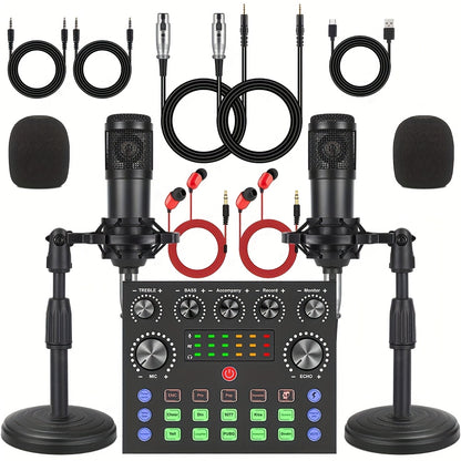 Podcast equipment package, V8s audio interface, two microphones, desktop version, wired microphone, with integrated live sound card and BM800 condenser microphone, podcast microphone, very suitable for recording, broadcasting