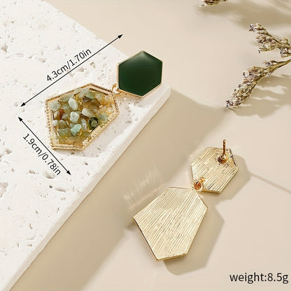 Brincos pendentes hexagonais verde-abacate com decoração de cristais artificiais, estilo retro elegante, em liga de zinco banhada a ouro 18K, joias para banquetes.