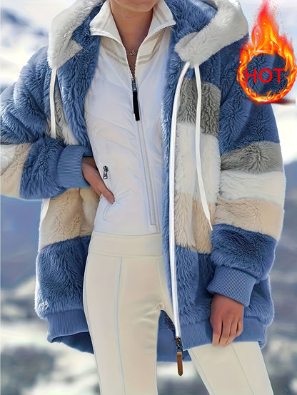 Women's Plush Faux Fur Hooded Jacket - Loose Fit Color Block Coat with Blue/Beige/White/Black Design, Long Sleeve Winter Warmth, Machine Washable for Casual & Formal Outfits, Ladies Winter Coats, Autumn Layering Piece, Formal