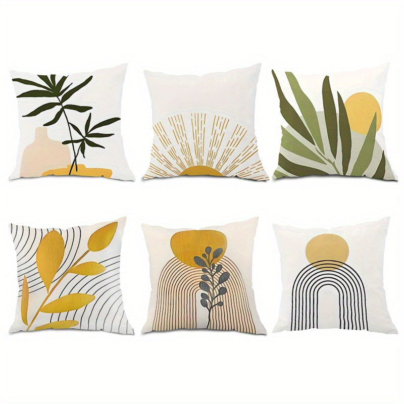 6pcs modern geometric pattern pillow case-white yellow green plant leaf pattern & abstract pattern, breathable zipper closure sofa bedroom car decorative cushion cover, all season machine wash (without inner core), suitable f
