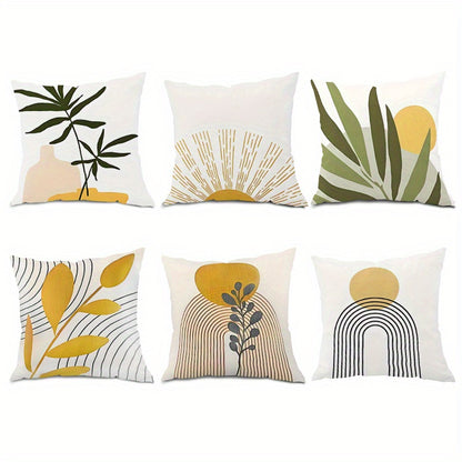 6pcs modern geometric pattern pillow case-white yellow green plant leaf pattern & abstract pattern, breathable zipper closure sofa bedroom car decorative cushion cover, all season machine wash (without inner core), suitable f