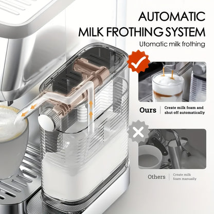 CAFELFFE Semi-Automatic Espresso Machine MK801 with Automatic Milk Frothing System, One-Touch Operation for Espresso, Latte & Cappuccino, 20BAR High Pressure, 1.3L Water Tank & 0.7L Milk Tank, Self-Cleaning Function, 1350W Po