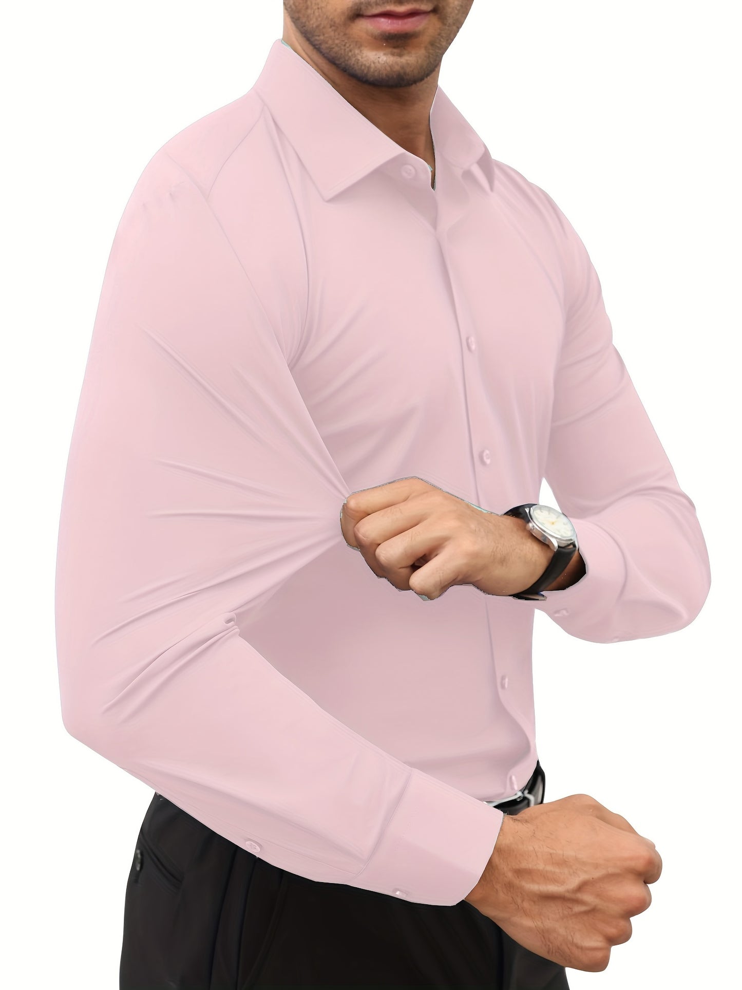 Men'S Slim Fit Long Sleeve Shirt - 55% Cotton, 40% Polyester, 5% Spandex, Solid Color, All-Season, Woven Fabric, Button-Up, Lapel Collar, Casual Weekend Wear, 125g/m²
