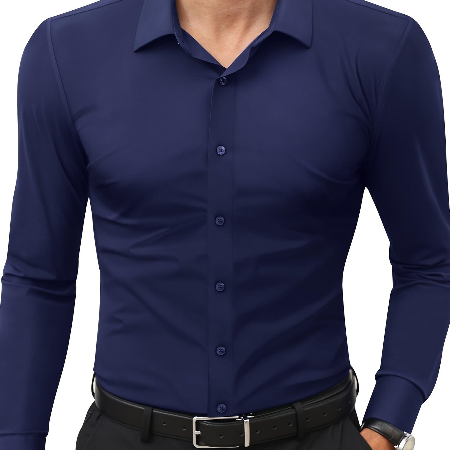 Men'S Slim Fit Long Sleeve Shirt - 55% Cotton, 40% Polyester, 5% Spandex, Solid Color, All-Season, Woven Fabric, Button-Up, Lapel Collar, Casual Weekend Wear, 125g/m²
