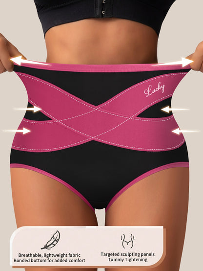 4pcs QUASTI Women'S High-Waisted Shapewear Panties - Quick-Dry Lightweight Underwear with Tummy Control & Hip Lift, Full Coverage Briefs with Cross Strap Design, Elegant Alphabet Pattern & Contrast Binding, Medium Support, Ha