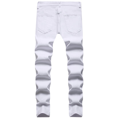Men Fashion White Ripped Distressed Destroyed Washed Denim Jeans Ripped Slim Fit Wild Jeans White Denim Pants