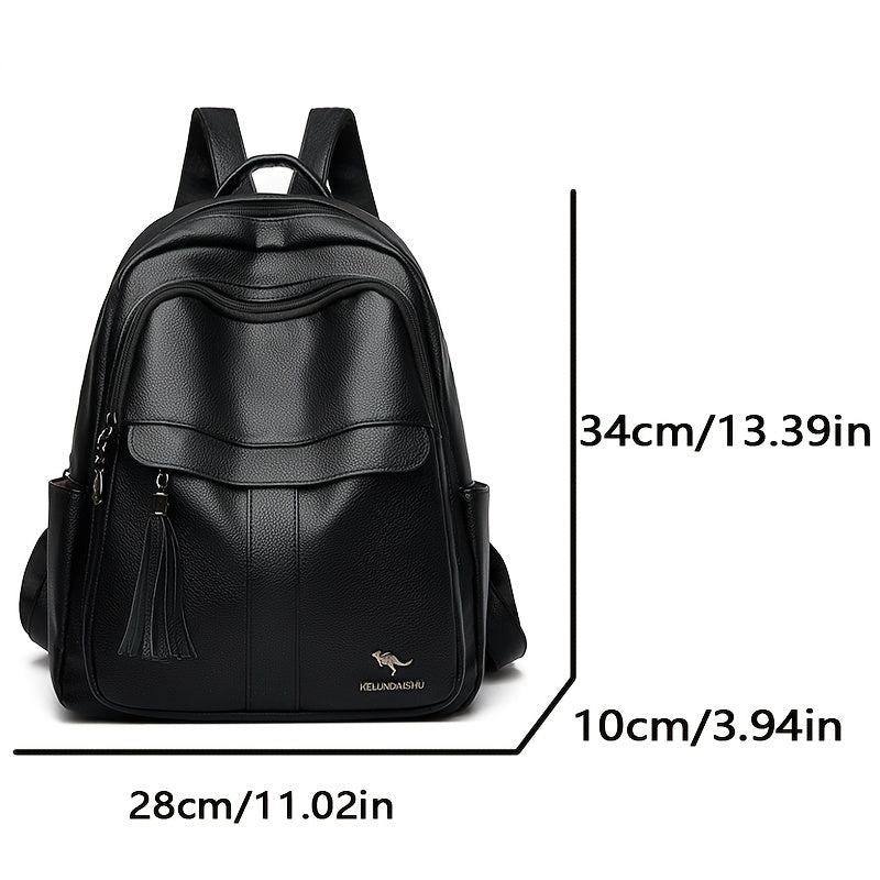 Women's 2025 New Style Synthetic Backpack with Tassel Charm - Glossy Black Soft Shell Travel Backpack, Detachable Adjustable Shoulder Straps & Zipper Closure, Spacious Laptop Compartment & Practical Pockets for Work, School,