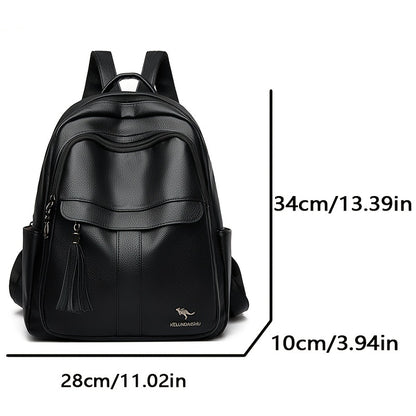 Women's 2025 New Style Synthetic Backpack with Tassel Charm - Glossy Black Soft Shell Travel Backpack, Detachable Adjustable Shoulder Straps & Zipper Closure, Spacious Laptop Compartment & Practical Pockets for Work, School,
