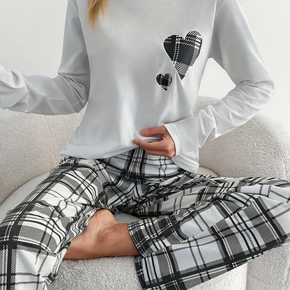 Women'S Cozy Plaid Pajama Set with Heart Print - Long Sleeve Crew Neck Top & Matching Pants, Soft & Comfortable for Fall/Winter, Casual Sleepwear, Casual Sleepwear|Plaid Pattern|Soft Fabric