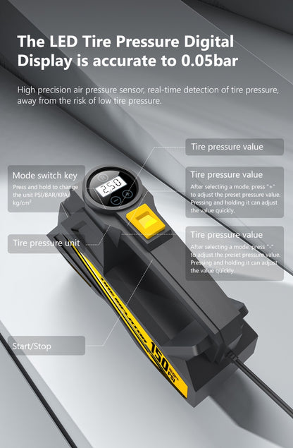 CaRSun Digital Tire Inflator, Portable Air Compressor Pump with LED Light for Cars, Motorcycles, Bicycles - DC 12V, 150 PSI, Black & Yellow Design, Plug-In Power Supply, No Battery Required, Bicycle Tire Inflator | Sleek Port