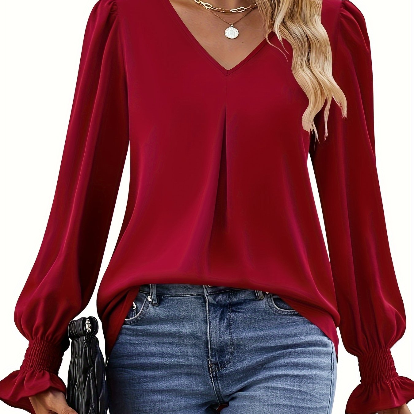 Solid V Neck Simple Blouse, Elegant Long Sleeve Ruched Blouse, Women's Clothing