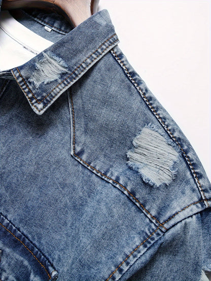 Men's Trendy Ripped Design Casual Button Up Long Sleeve Denim Shirt, Men's Clothes For Spring Summer Autumn, Tops For Men