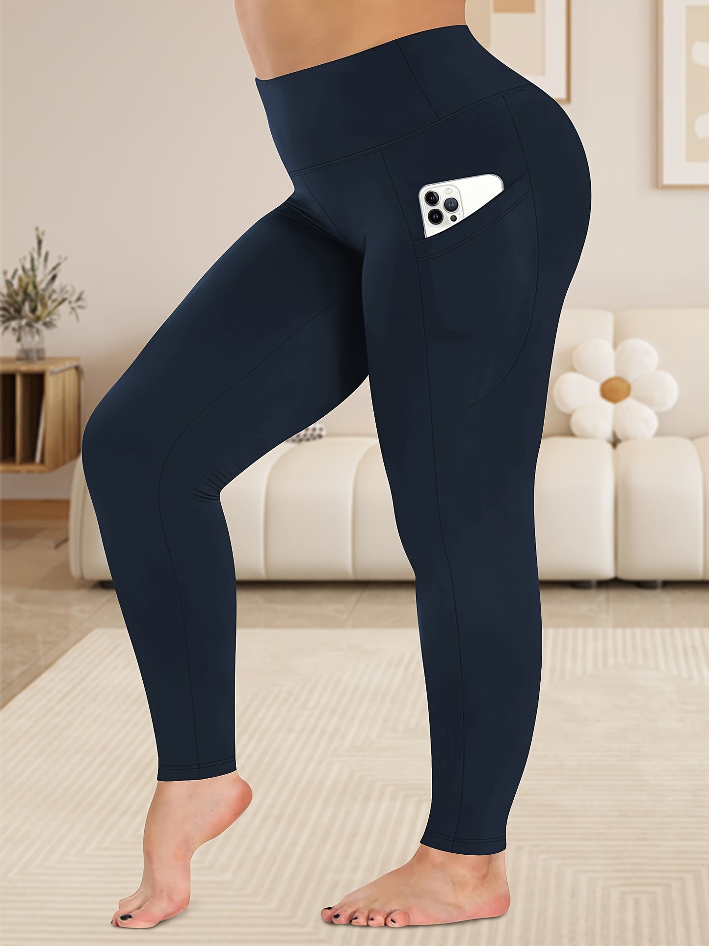Women'S Plus Size High Waist Tummy Control Leggings with Side Pockets, 88% Polyester 12% Elastane, Knit Fabric, Stretchy Cropped Yoga Pants for Running & Fitness, All Season Solid Color Athletic Skinny Pants