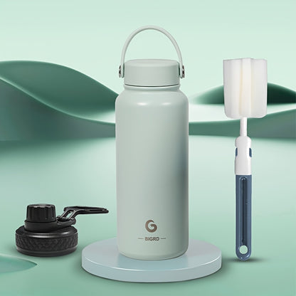 BIGRD 1000ml stainless steel sports Bottle leak proof water bottle double cap Bottle suitable for carbonated water bottle, silicone handle cap/direct drinking cap, suitable for sports/outdoor/camping/fitness/yoga, Yoga Gear,