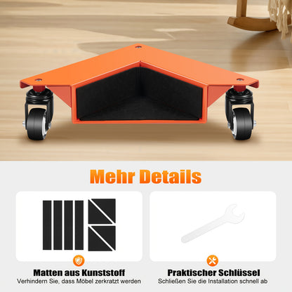 4pcs Heavy-Duty Corner Mover Dolly Set with Triangular Frame & 639.11 KG Capacity - All-Terrain Moving System with Locking Mechanism, Sturdy Carbon Steel Construction & PU Wheels for Pianos, Refrigerators, Cabinets, Washing M
